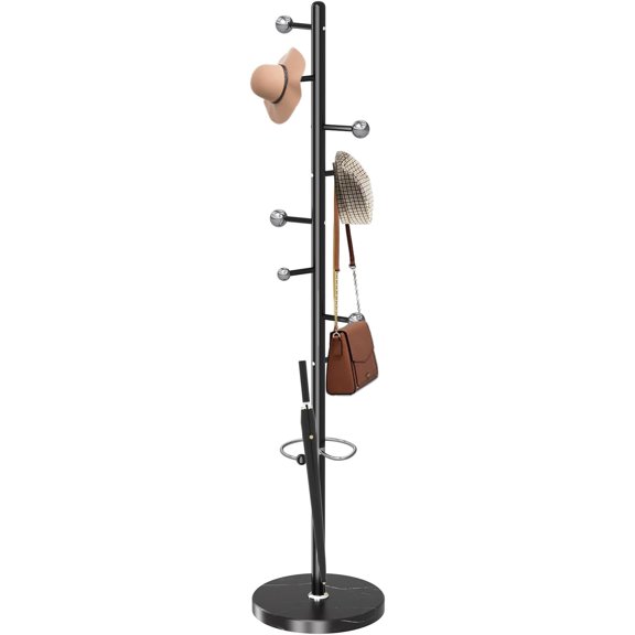 Modern Metal Coat Rack Stand, Coat Rack Freestanding with Natural Marble Base, Sturdy Heavy Duty Coat Racks with 8 Hooks, Black Coat Hall Tree Stand for Entryway, Office