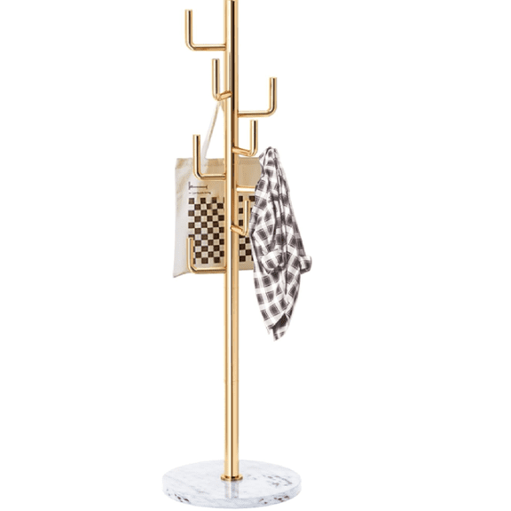Modern Metal Coat Rack Stand with Natural Marble Base, Heavy Duty Coat Rack Freestanding with 8 Hooks, Golden Cactus Standing Coat Racks for Bag, Jacket, Entryway Office