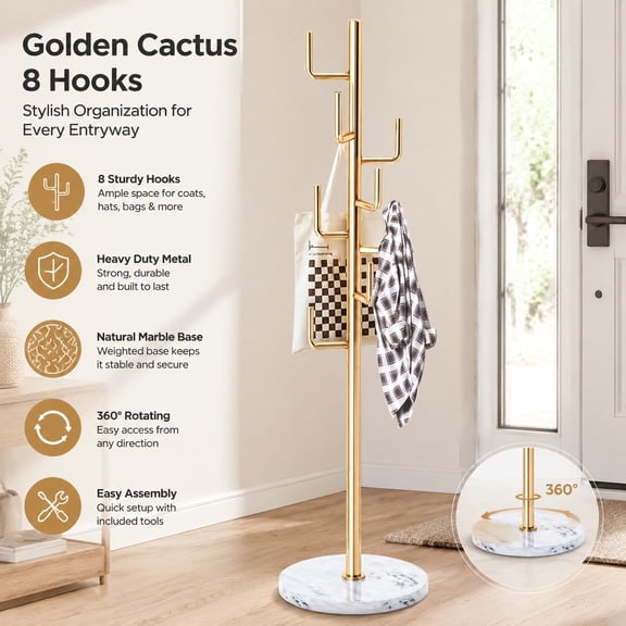 Modern Metal Coat Rack Stand with Natural Marble Base, Heavy Duty Freestanding Coat Rack with 8 Hooks, Gold Cactus Design for Bags, Jackets, Entryway and Office