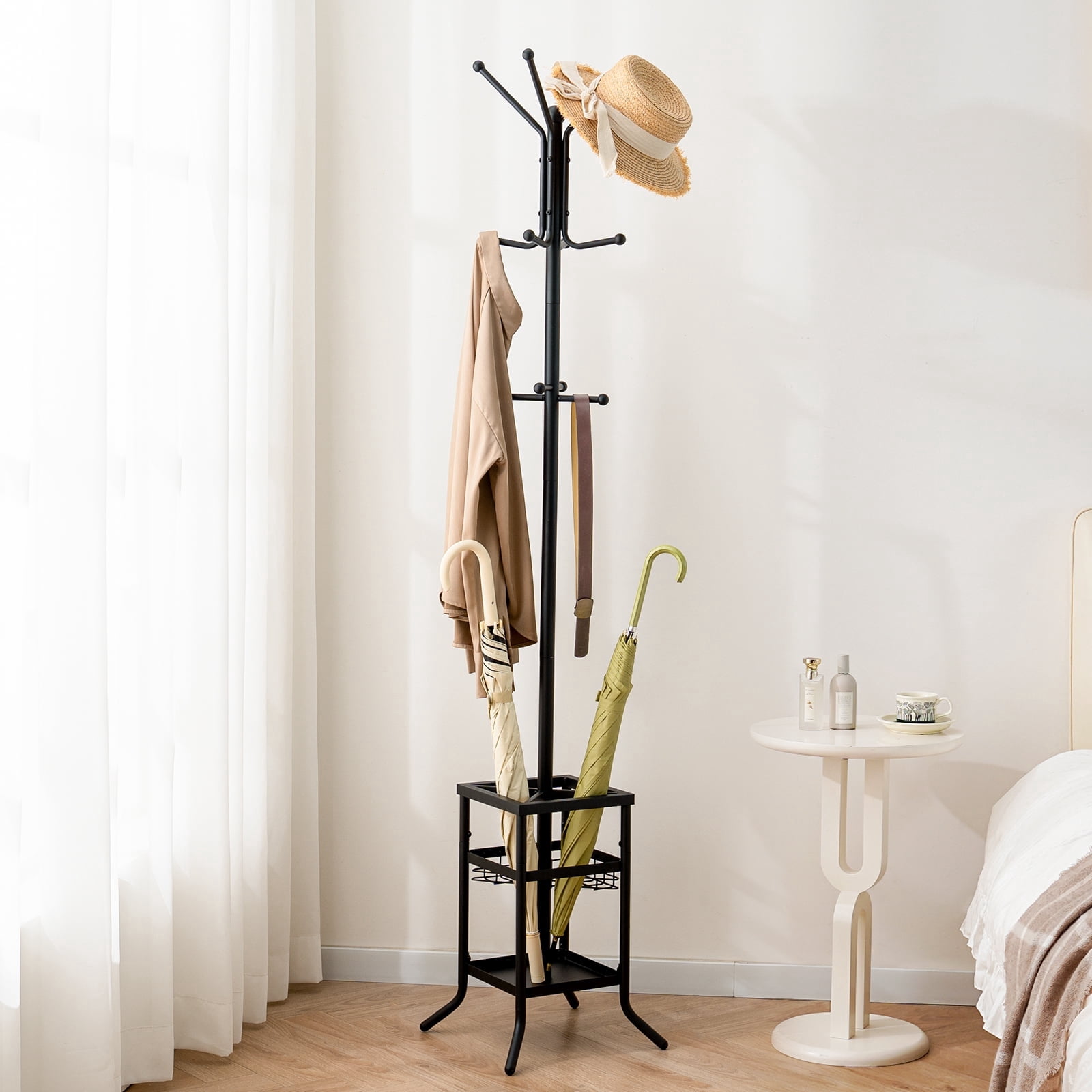 YUBO Co.ltd Coat Rack Freestanding, Coat Tree with Umbrella Holder, Metal Coat Rack Stand with 12 Hooks, Hall Tree Purse Rack for Entryway, Living Room,Black