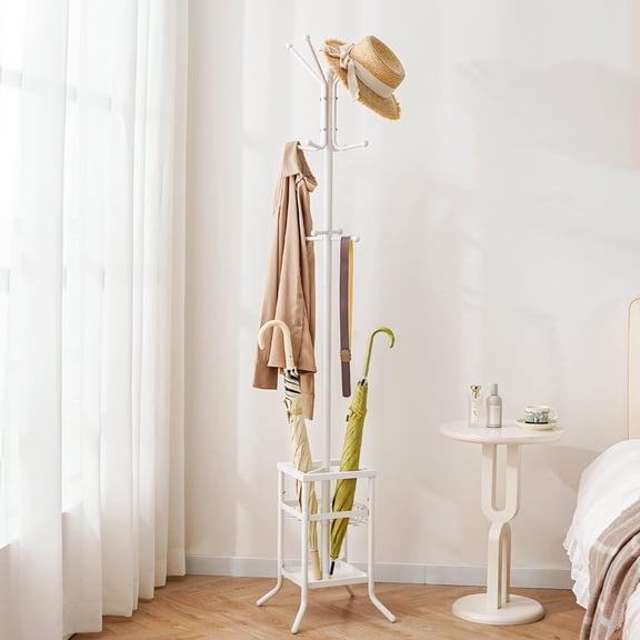 Coat Rack Freestanding, Coat Tree with Umbrella Holder, Metal Coat Rack Stand with 12 Hooks, Hall Tree Purse Rack for Entryway, Living Room,White