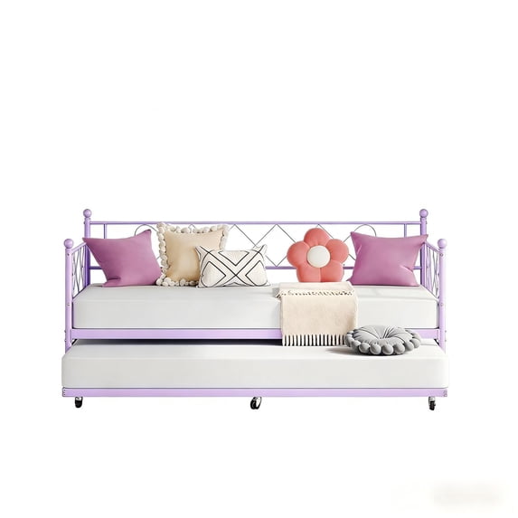 Modern Metal Daybed with Trundle - Space-Saving Sofa Bed Frame with Steel Slat Support, Purple