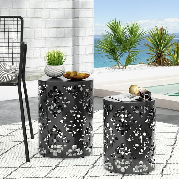 Modern Metal End Table Of 2, Iron Cut Design With Floral Pattern, Powder-coated Frame, Black, No Assembly, Dimensions 13.75”w X 13.75”d 18.00”h & 11.75”w 11.75”d 15.75”h Accent Charming Cut,
