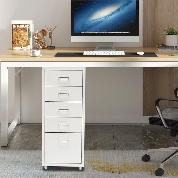 Modern Metal File Storage Cabinet, Storage Cabinet with 5 Drawers, Rectangular Storage Cabinet with Wheels