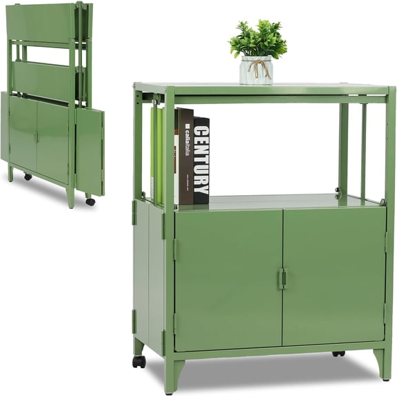Modern Metal Folding Storage Cabinet, Cream Foldable Sideboard with Shelves, Entryway Console Cabinet Coffee Bar for Patio Outdoor Indoor Living Room Kitchen Bathroom, 5mins Assembly, Green