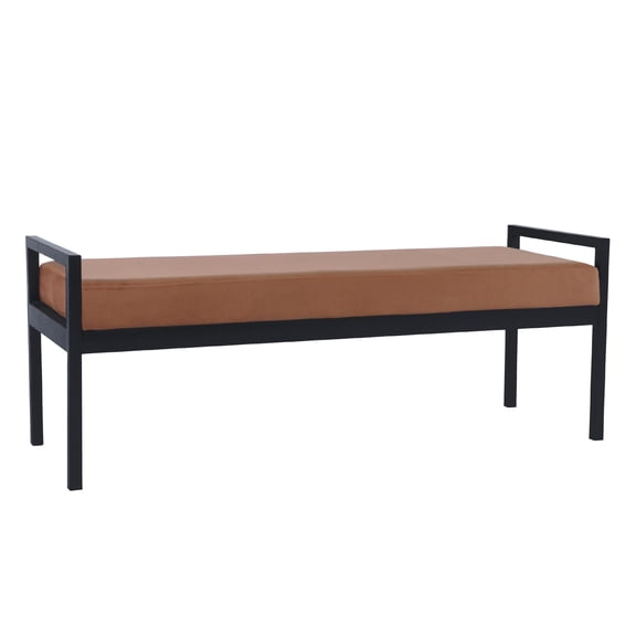 Modern Metal Frame Bench with Cognac Velvet Upholstery