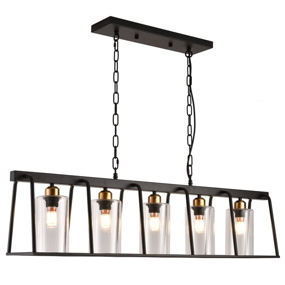 Modern Metal Frame Pendant Light with Glass Lampshade, 5-Light Chandelier Hanging Ceiling Light Fixture for Kitchen Island Dining Room Matte Black