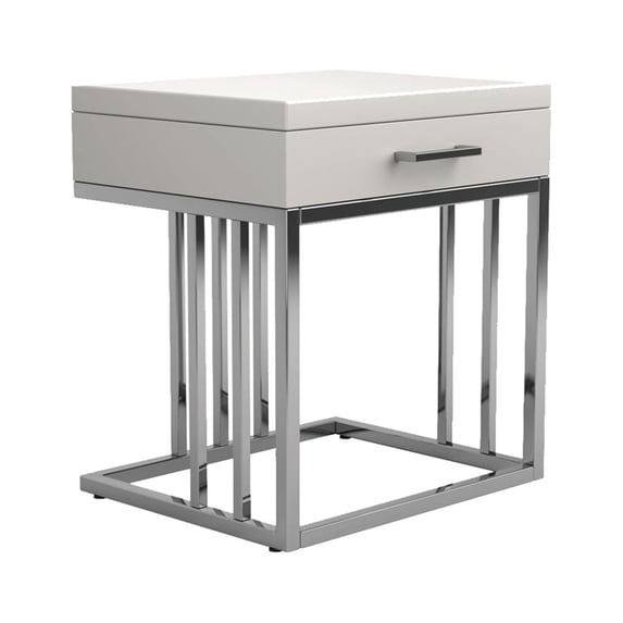 Modern Metal Frame Rectangular End Table with 1 Drawer, White and Silver - Saltoro Sherpi