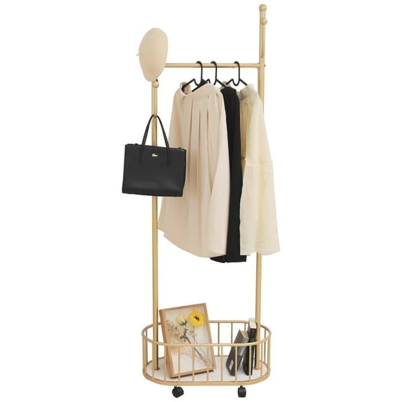 Cre Cra Modern Metal Gold Coat Rack with Storage Basket and Wheels Stylish and Functional for Home Organization Hanging Clothes for Bedroom Boutiques