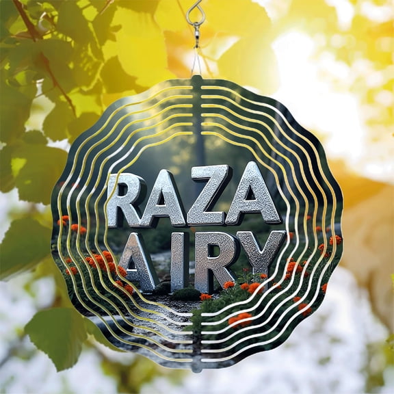 Modern Metal Hanging Wind Spinner with Concentric White Lines & Bold ' RAZA AIRY ' Sign - Artistic Garden Decor for Yard & Outdoor Spaces