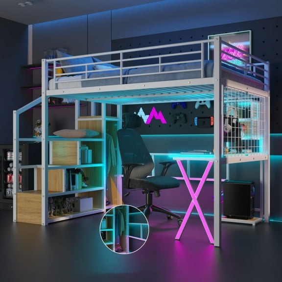 Modern Metal Loft Bed with Built-in Work Station, Wardrobe, Storage Staircase, and LED Lighting – Space-Saving Solution for Small Rooms
