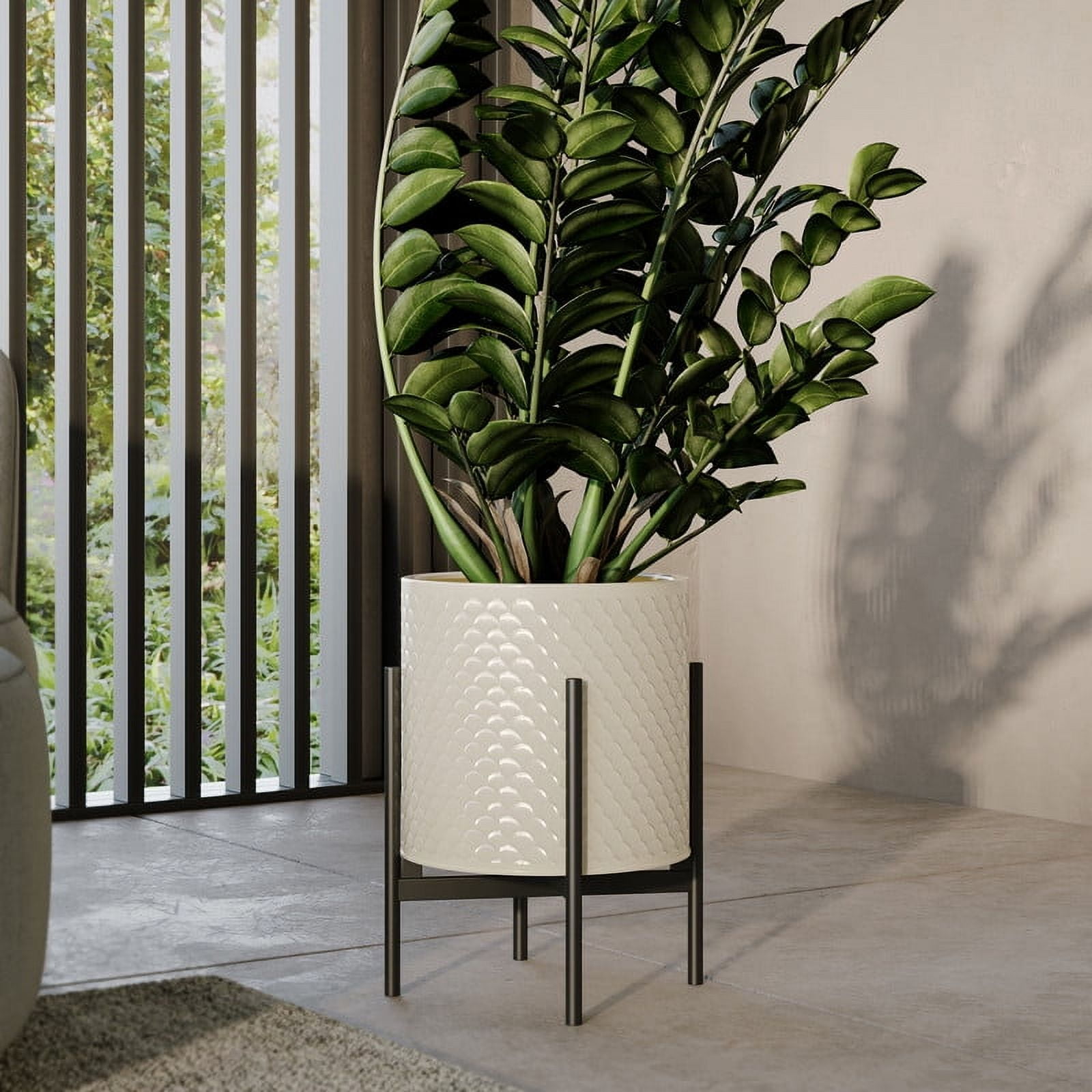 Modern Metal Planter Pot With 4-Leg Black Metal Base - Beige - 18"H x 13.75"W