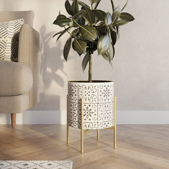 Modern Metal Planter Pot With 4-Leg Gold Metal Base - White & Black - 14.75"H x 11.75"W