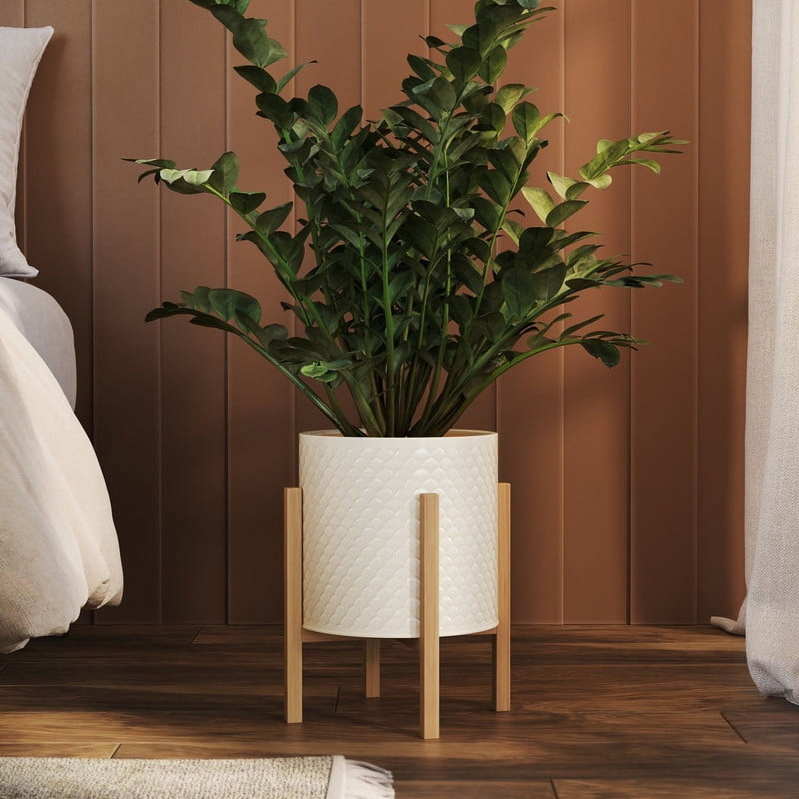 Modern Metal Planter Pot With 4-Leg Wood Base - Beige - 14.75"H x 12"W