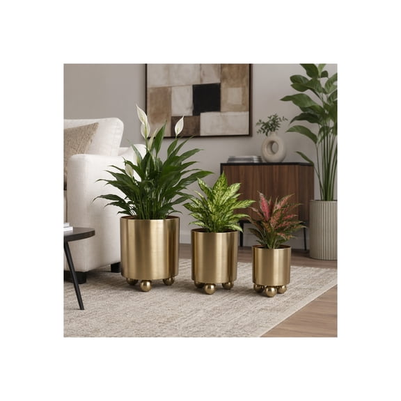 Modern Metal Flower Pots for Home Decor - Rustic Planters for Indoor and Outdoor Plants - Decorative Garden Plant Pots with Rounded Feet for Patio and Entryway - Set of 3, 13", 12", 10", Gold