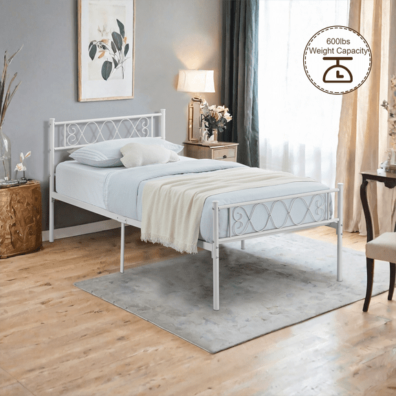 Modern Metal Platform Bed with Headboard and Footboard, Underbed Storage Heavy-Duty Bed Frame with Metal Slat Support, No Boxing Spring Needed, Squeak Resistant, Easy Assembly