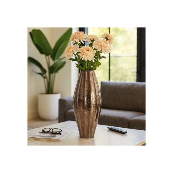 Metal Ribbed Vase for Living Room Decor - Decorative Home Accent for Bedroom, Dining Room, and Office Space - Tall Flower Vase for Entryway and Corner Spaces - 27", Gold & Metallic