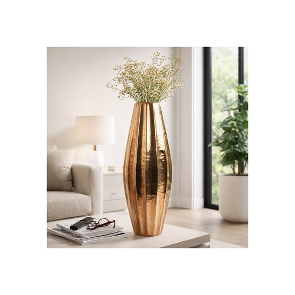 Metal Ribbed Vase for Living Room Decor - Decorative Home Accent for Bedroom, Dining Room, and Office Space - Tall Flower Vase for Entryway and Corner Spaces - 35", Gold & Metallic