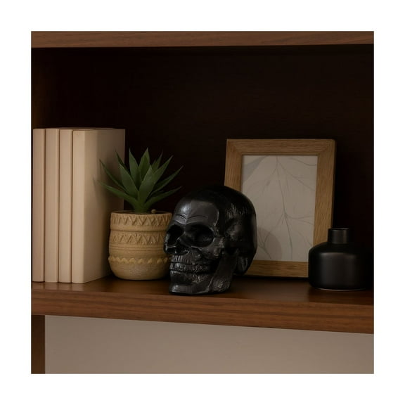Modern Metal Skull Figurine for Home and Living Room Decor - Ornaments Statues Ideal for Bathroom, Office, and Room Decor - Contemporary Sculpture Shelf Display and Coffee Table Decor - 6", Black