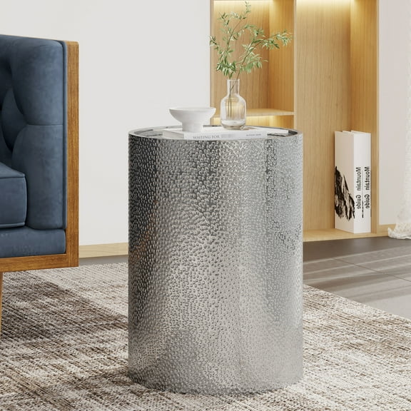 Modern Metal Table, Hammered Texture, Iron Frame, 16.21"x16.21"x21.76", No Assembly Required, Silver Table With Detail, Assembly, Finish