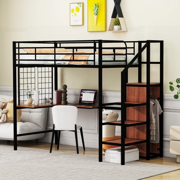 Twin Size Metal Loft Bed in Black with Desk & Metal Grid, Lateral Ladder & Under-Ladder Wardrobe