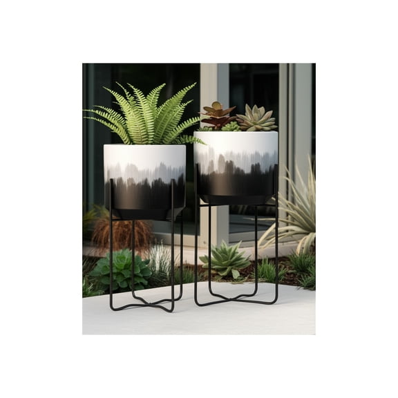 Ombre Metal Planters on Stand as Flower Pots Home Decor for Indoor and Outdoor Plants - Raised Plant Pots for Living Room, Entryway, Patio, and Garden Styling - Set of 2, 23", 19", Black & Gray