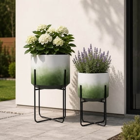 Ombre Metal Planters on Stand as Flower Pots Home Decor for Indoor and Outdoor Plants - Raised Plant Pots for Living Room, Entryway, Patio, and Garden Styling - Set of 2, 23", Green & White