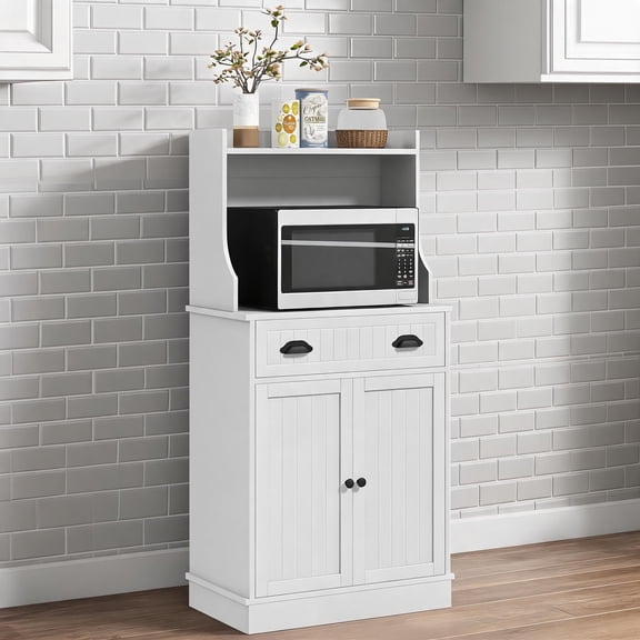 Modern Microwave Cabinet with Adjustable Shelf, Storage Drawer, and Cable Hole, Clean White MDF