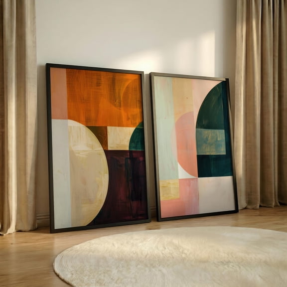 Modern Mid Century Abstract Art Prints Bold Geometric Shapes Diptych Contemporary Vibrant Wall Decor MCM Statement Artwork Duo Set 2