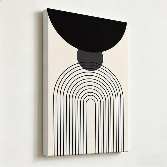 Modern Mid-Century Abstract Geometric Canvas Wall Art - Minimalist Black and Cream Arch Painting Print - Matte Finish Gallery Wrapped Contemporary Decor Ready to Hang 8*12