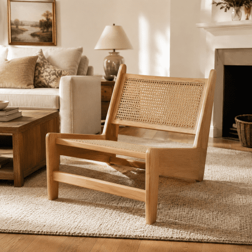 Modern Mid Century Accent Chair, Rattan Lounge Chair, Boho Side Corner Comfy Wood Chair with Easy Assembly, for Living Room Bedroom Balcony, Natural