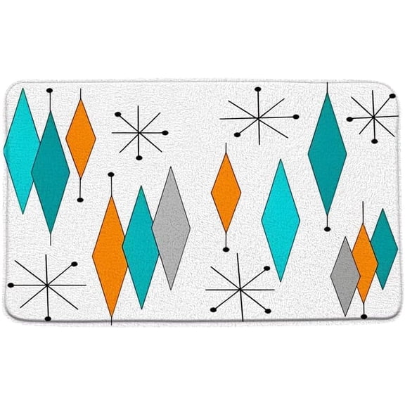 Modern Mid Century Bath Mat Abstract Turquoise Orange Diamond Retro Geometric 1960s Starbursts Atomic Pattern Memory Foam Bathroom Decor Mats Soft Doormat Kitchen Floor 16x24 Inch