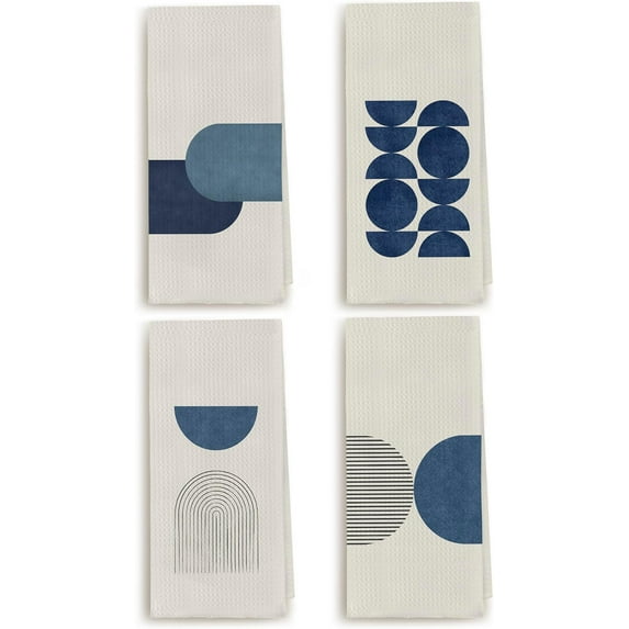 Modern Mid Century Blue Art Kitchen Hand Dish Towels 18×26 Inches Scandinavian Minimalistic Decorative Hand Tea Towel for Bathroom Kitchen Home Cooking Baking Cleaning Gifts, Set of 4