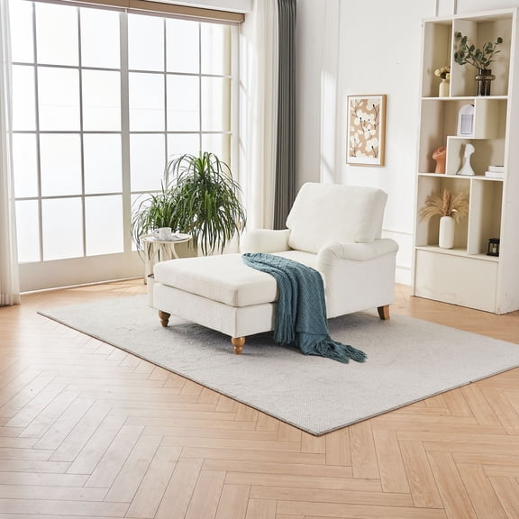 Modern Mid-Century Chaise Lounge, Oversized Indoor Sleeper Sofa with Solid Wood Legs, Soft Chenille Upholstery, Removable Cushions, Easy Assembly, 66.5 Inch, White