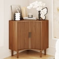 thumbnail image 1 of Modern Mid Century Corner Storage Cabinet, Fluted Corner Floor Cabinet with Sliding Doors and Adjustable Shelf, Freestanding Small Organizer for Living Dining Room, Walnut, 1 of 8