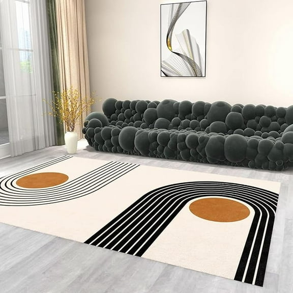 Modern Mid-Century Cream Living Room Rug, Nordic Boho Lines Orange Geometric Bedroom Rug, Non Slip Foldable Machine Washable Non-Slip Throw Rugs For Dining Room Bedroom Floor 2' x 3'