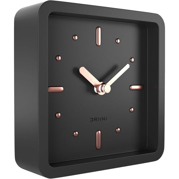 Modern Mid Century Desk & Shelf Clock (Black Rose Gold) - Battery Operated with Silent, Analog Movement Small Tabletop Clocks for Office Perfect for Mantle, End Table, Desktop or Nightstand