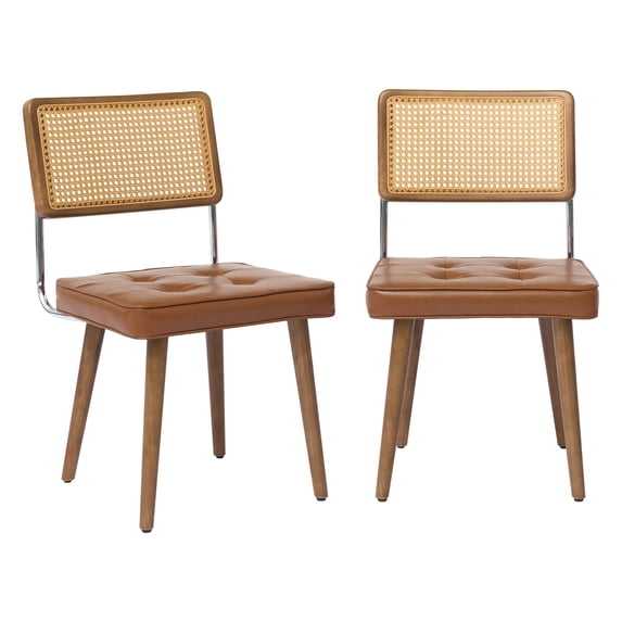 Modern Mid-Century Dining Chair Set of 2 – Brown Rattan Cane Backrest. Upholstered Seat. Wood Legs – Stylish Accent for Kitchen. Dining Room. Restaurant
