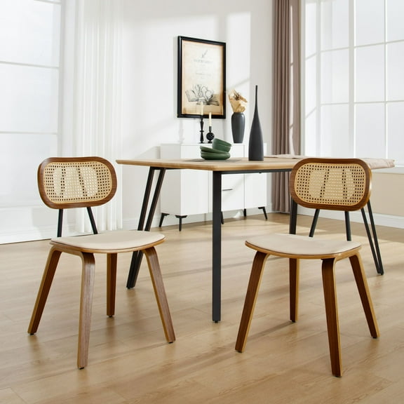 Modern Mid-Century Dining Chairs Set of 2,Upholstered Faux Leather Side Chairs with Rattan Backrests and Wood Legs for Dining Room, Kitchen or Living Room, Beige