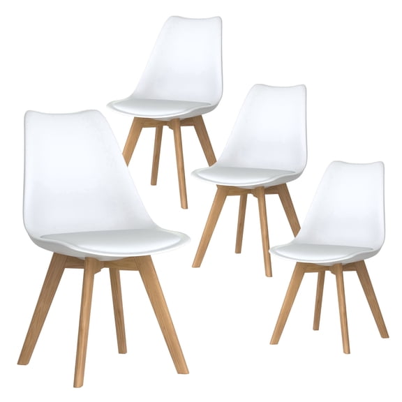 【ZSGJ&LIVE】Mid‑Century PU Leather Dining Chairs Set of 4, Padded Tulip Chairs, Solid Beech Wood Legs, for Kitchen Living Room, White
