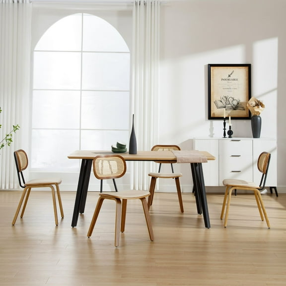 Modern Mid-Century Dining Chairs Set of 4,Upholstered Faux Leather Side Chairs with Rattan Backrests and Wood Legs for Dining Room, Kitchen or Living Room, Beige