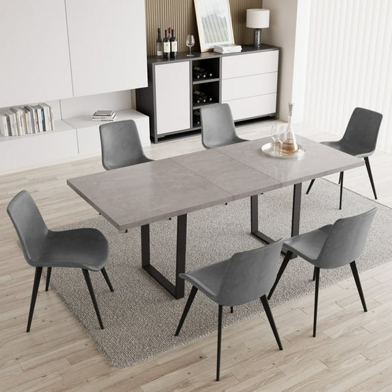 Modern Mid-Century Dining Table Set for 6-8 People Kitchen Dining Room Table Set Extendable Wood Dining Table and 6 Upholstered Chairs, Home Kitchen Furniture