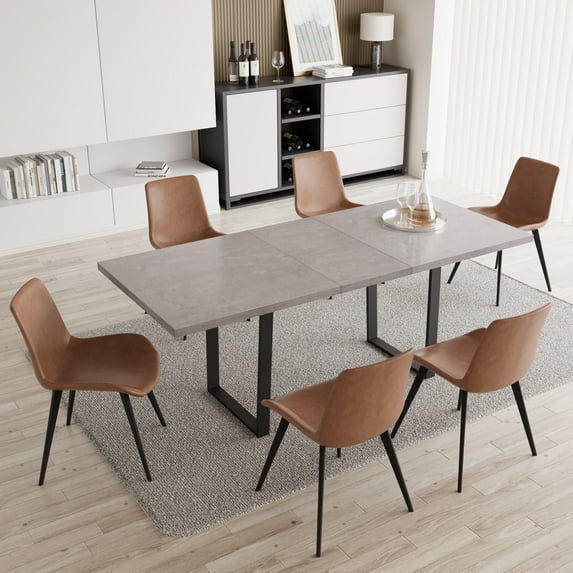 Modern Mid-Century Dining Table Set for 6-8 People Kitchen Dining Room Table Set Extendable Wood Dining Table and 6 Upholstered Chairs, Home Kitchen Furniture
