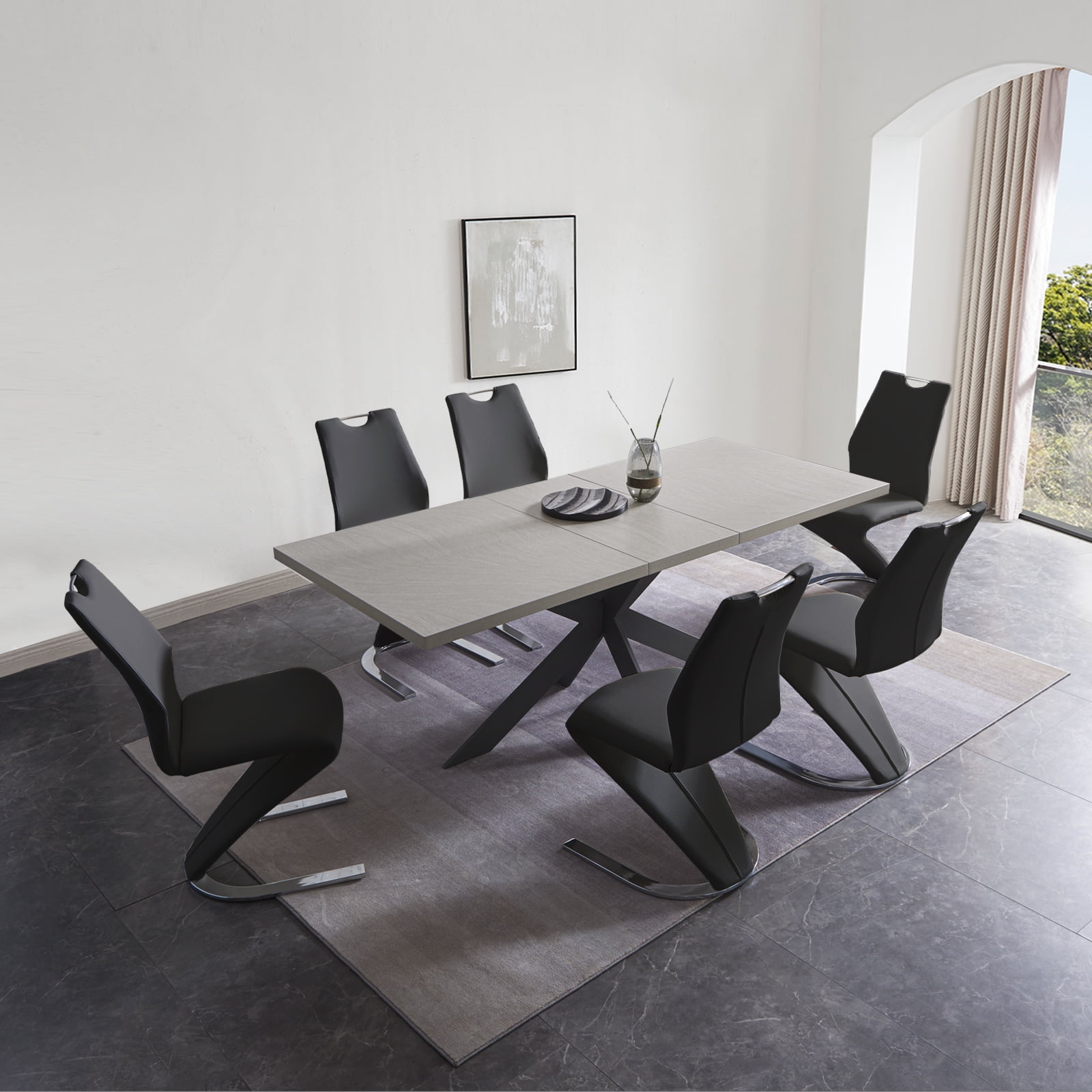 Modern Mid-Century Solid Wood Dining Table Set for 6-8, Extendable with 6 Leather Chairs ...