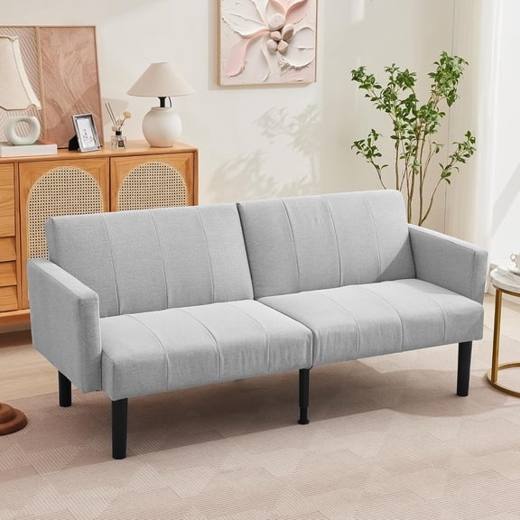 Modern Mid-Century Futon Sofa Bed – Compact 3-Seater Convertible Sleeper Loveseat with Chevron Tufting & Tapered Legs, Grey