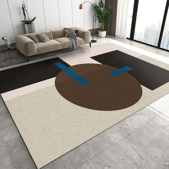 Modern Mid Century Living Room Area Rugs, Abstract Black Brown Blue Geometry Rug, Non-Slip Easy Clean Low Pile Absorbent Washable Carpet For Living Room Bedroom Entryway Garden 1x2ft