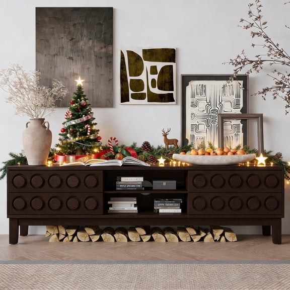 Modern Mid-Century Media Console with 4 Drawers and Cable Management, TV Console Table for TVs up to 75",Entertainment Center for Living Room and Office(Dark Brown)