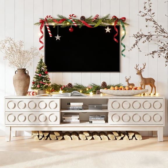 Modern Mid-Century Media Console with 4 Drawers and Cable Management, TV Console Table for TVs up to 75",Entertainment Center for Living Room and Office(White)