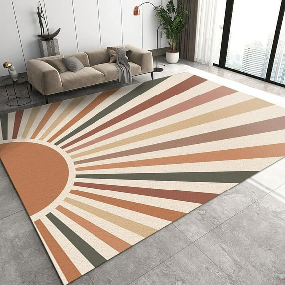 Modern Mid-Century Rainbow Sun Area Rug Soft Boho Colorful Geometric Floor Mat Printed Design Large Carpet For Bedroom Kitchen Living Room