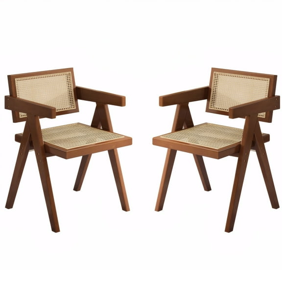 Modern Mid Century Rattan Dining Chairs Set of 2, Brown Wood Armchairs, Comfy Accent Seating for Living Room, Bedroom, Kitchen, Patio